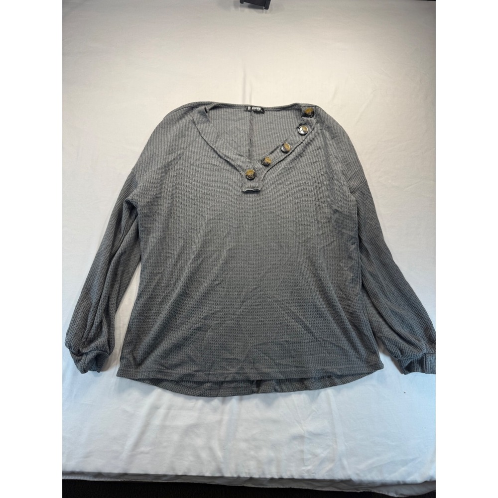 BTFBM Women XL Gray Waffle Knit Top Side Button Henley Long Sleeve Casual Shirt